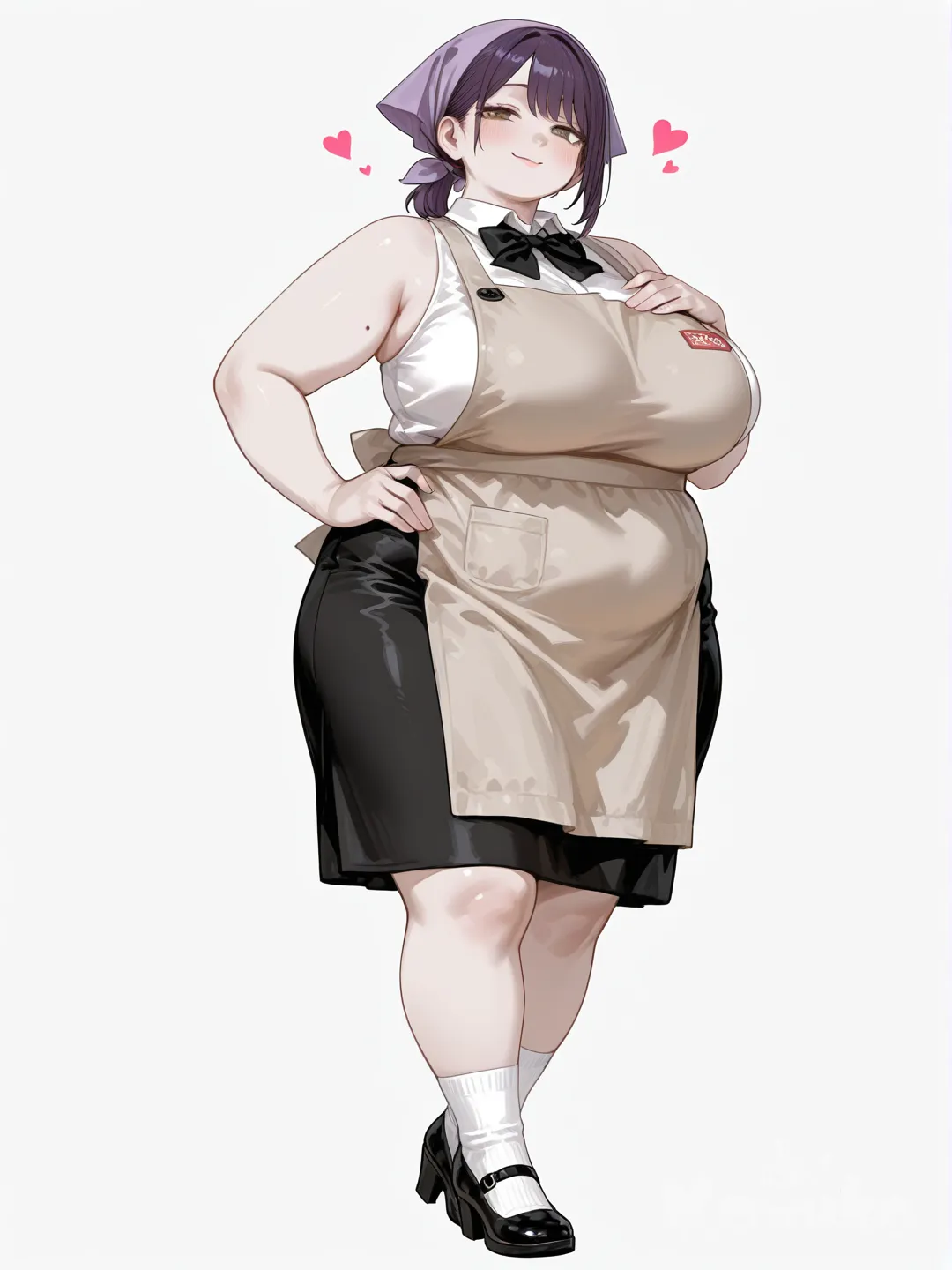 mujer madura robusta, BBW, cabello corto recogido en coleta baja, cabello morado con subtono castaño, pañoleta morada en la cabeza, bowtie negro, camisa blanca sin mangas, busto abundante, figura redondeada y suave, rostro redondeado y suave, piel palida, falda negra hasta la rodilla, ojos marrones grisaceos, ojos pequeños, ojos sencillos, delantal marron, cuerpo completo, sin fondo, fondo blanco, mirando al frente, mirada calida y confiada, [sensual-glossy-style] , zapatos estilo tacon bajo negro, calcetines blancos, flequillo de lado, pose segura y coqueta, una mano en la cadera, otra mano apretando el busto de manera sugerente, simbolo de corazon flotando cerca de ella, lunar en el brazo cerca de la axila