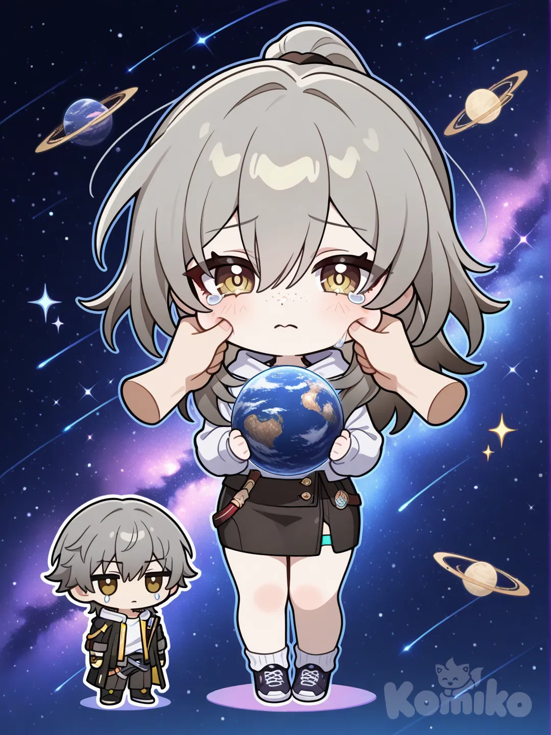 Satine qui se fait tirer les joue et son peutit frère a côter d'elle!!!