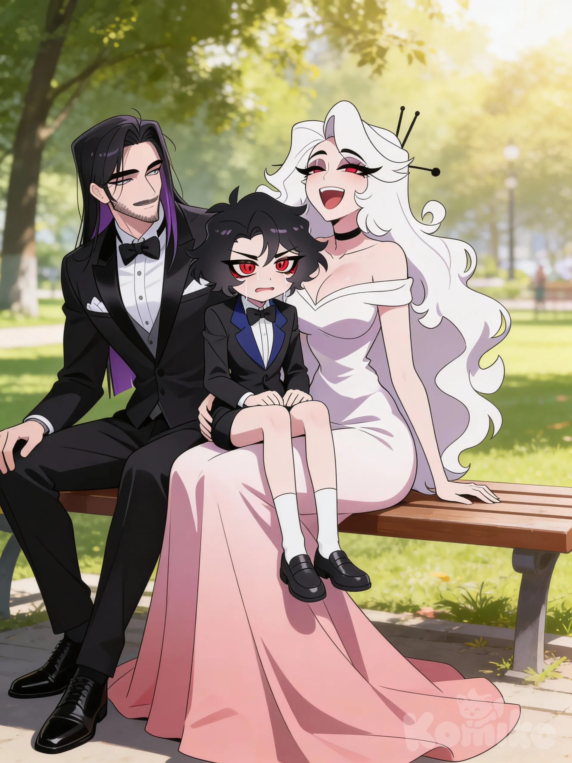 @valeria-crowe-8BzQ , laughing, 
@echo-h6GP, crying , sitting on lap of @valeria-crowe-8BzQ 
@lucian-crowe-dg8H , smirk
gathering together, full body, closeup, ambient light, park