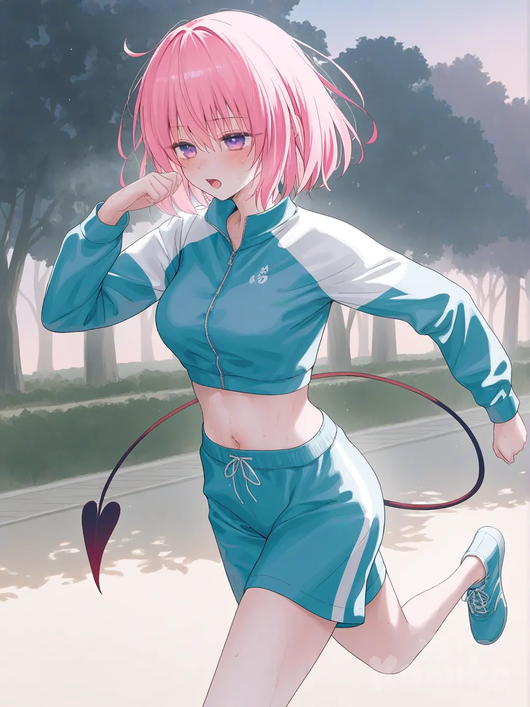  momo velia deviluke, to love-ru, 1girl, demon tail, purple eyes, pink eyes, pink hair, short hair, medium breasts, tight-fitting tracksuit, athletic shorts, sneakers,mini top, tired, running, morning park