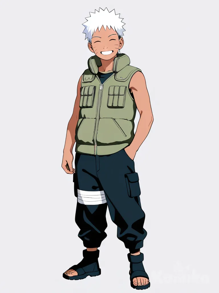 1boy, naruto_style, teenager, slim, white_hair, spiky_hair, black_eyes, tan_skin, vest, pants, smiling, closed_eyes, single character, full body, looking at viewer, anime style, simple background, white background