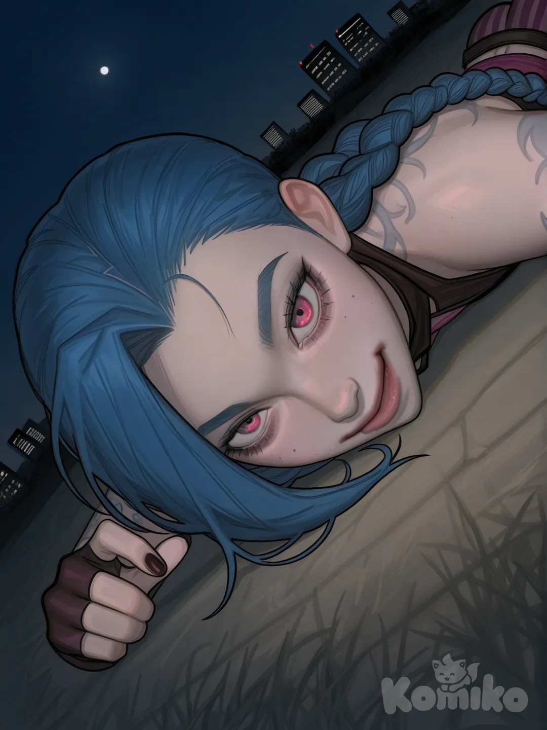 @Jinx_(League_Of_Legends), [digital-painterly-style], lie on stomache, from above, night, smirk