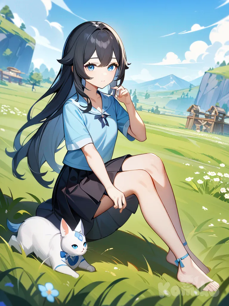 1girl, Genshin_Impact_style, original_character, black_hair, long_hair, blue_eyes, fair_skin, blue_sky_t-shirt, pleated_skirt, black_skirt, pajamas, slim, grassland, full_HD, high_fidelity, single character, full body, looking at viewer, anime style, simple background, white background