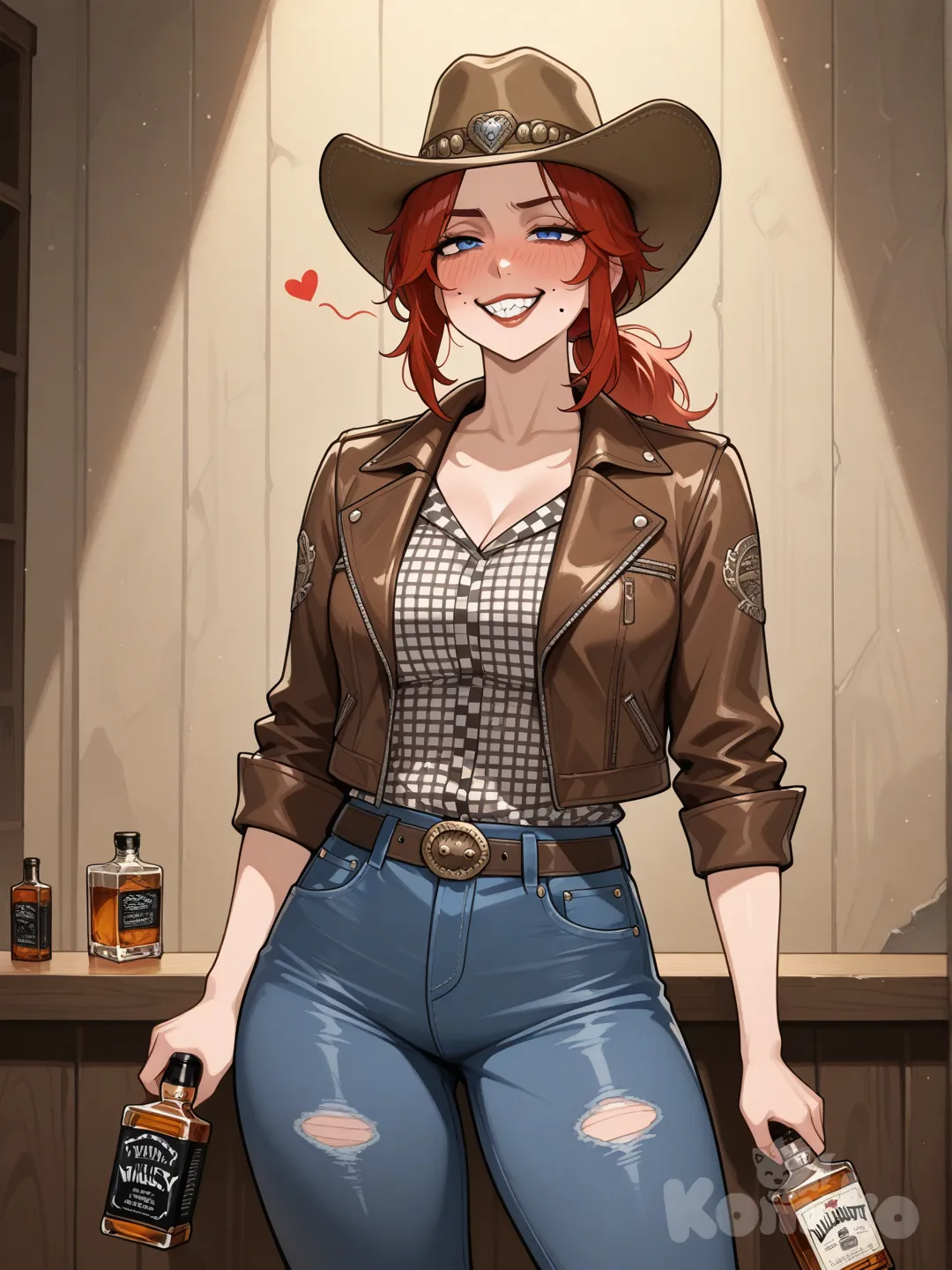 Rose of Sharon Cassidy, Cass (fallout new vegas), Fallout new vegas, fallout, cowboy hat, beige cowboy hat, red hair, ponytail, sharp chin, slim face, leather jacket, checkered shirt, red and white checkered shirt, jeans, whiskey, drunk, thin head shape, heart shaped head, blue eyes, slim head, tall female, tall, fit, adult, mature
