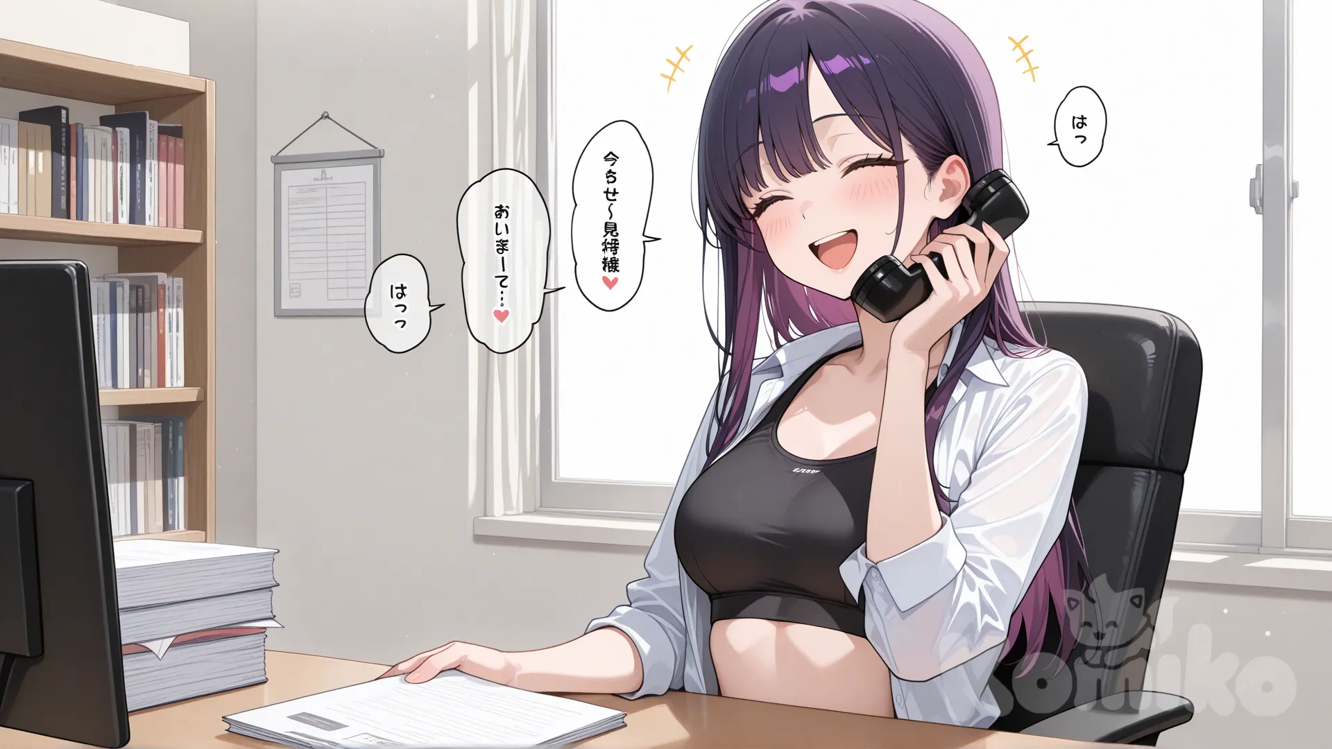 office lady, 1girl, public, office chair, big white office, white open shirt, medium breasts, talking on phone, sitting, desk, extrem happy, purple hair, straight hair, longhair, black sports bra, white walls, solo, closeup, hold file with one hand, eyes close, empty desk, front view, open mouth, front view, bockshelf in background