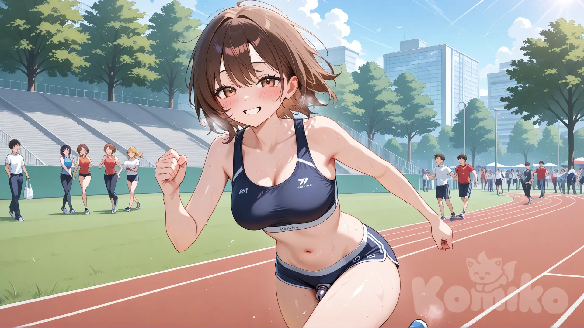 @finish-leonora-femboy-p1wR , brown hair, medium tits, outdoors, running track, sports bra, chastity cage, public, Park, sweat, running, people, precum, happy