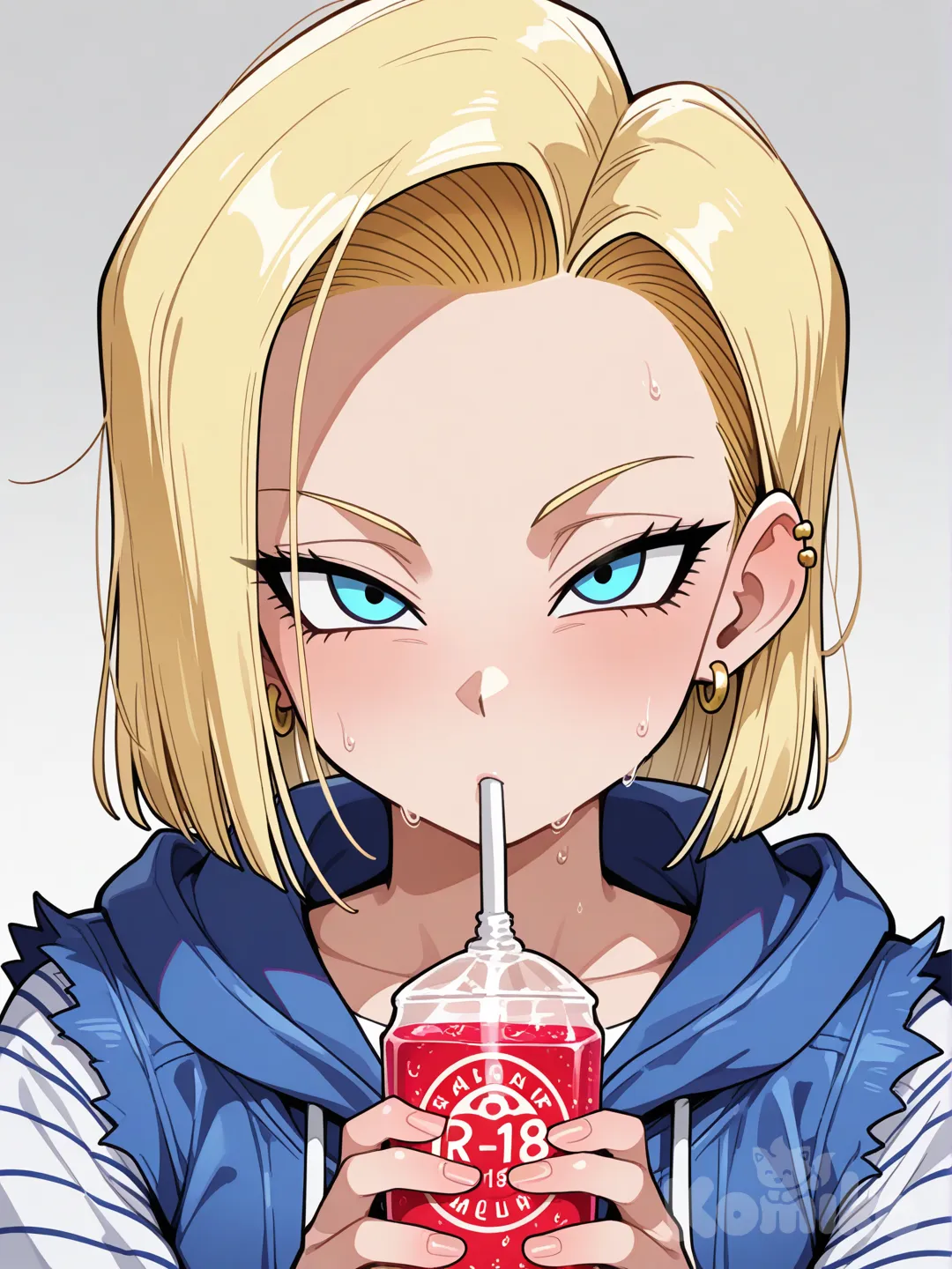android 18, dragon ball, [glossy-anime-style], drinking juice , hoodie, upper body