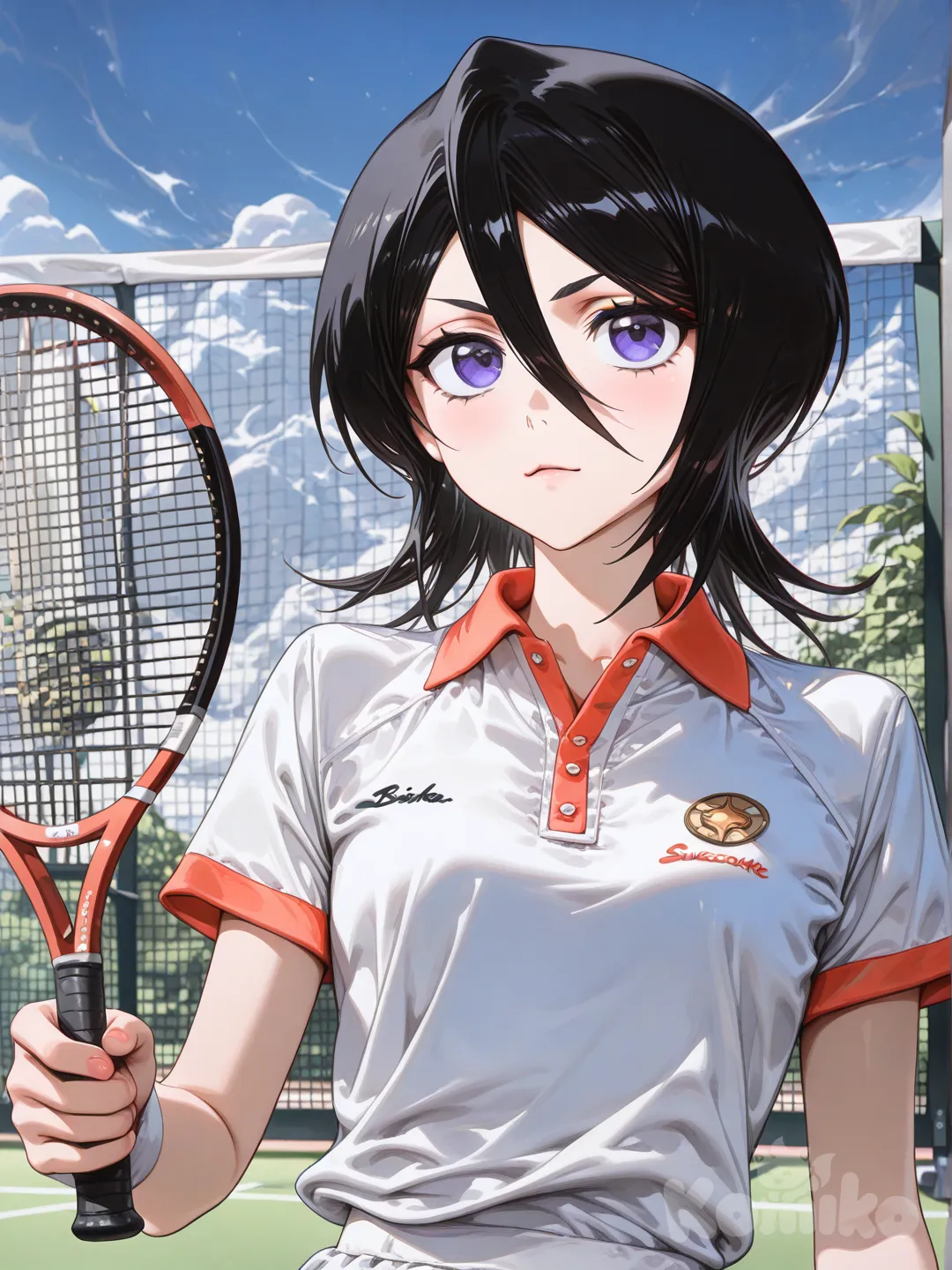 Rukia Kuchiki, bleach: sennen kessen-hen, [high-gloss-illustration-style], tennis uniform, tennis racket, upper body