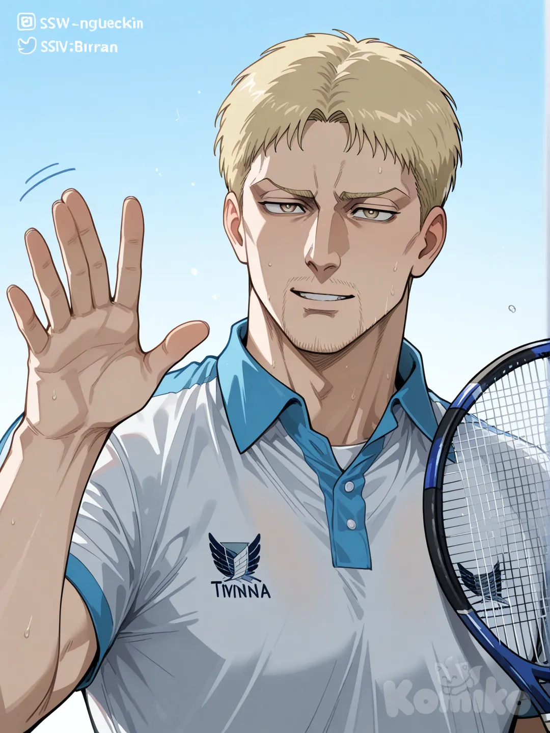 Reiner Braun, shingeki no kyojin, [glossy-anime-style], tennis uniform, waving tennis racket, upper body,1man