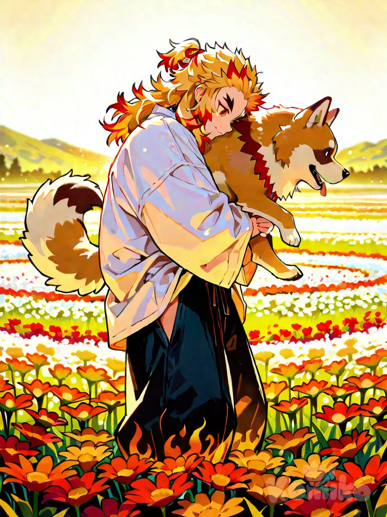 Rengoku Kyoujurou, vibrant atmosphere, vibrant color, highlight, hugging Big dog, baggy pants, baggy clothes, backlight, flower field, background,1man