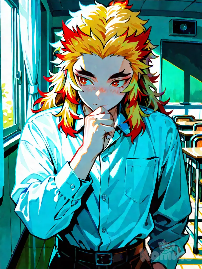Rengoku Kyoujurou, vibrant atmosphere, vibrant color, highlight ,shy, formal shirt, ambient light, classroom, background,1man