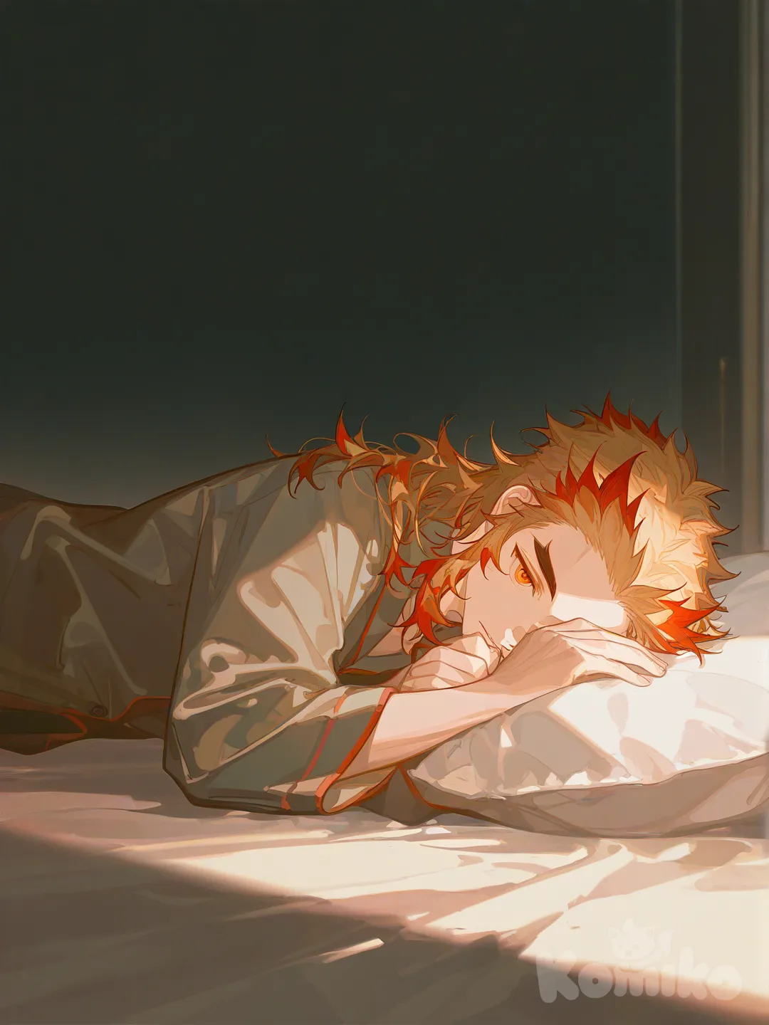 Rengoku Kyoujurou, [dazzling-illustration-style], head on pillow, pajamas, ambient light, bedroom, 1boy