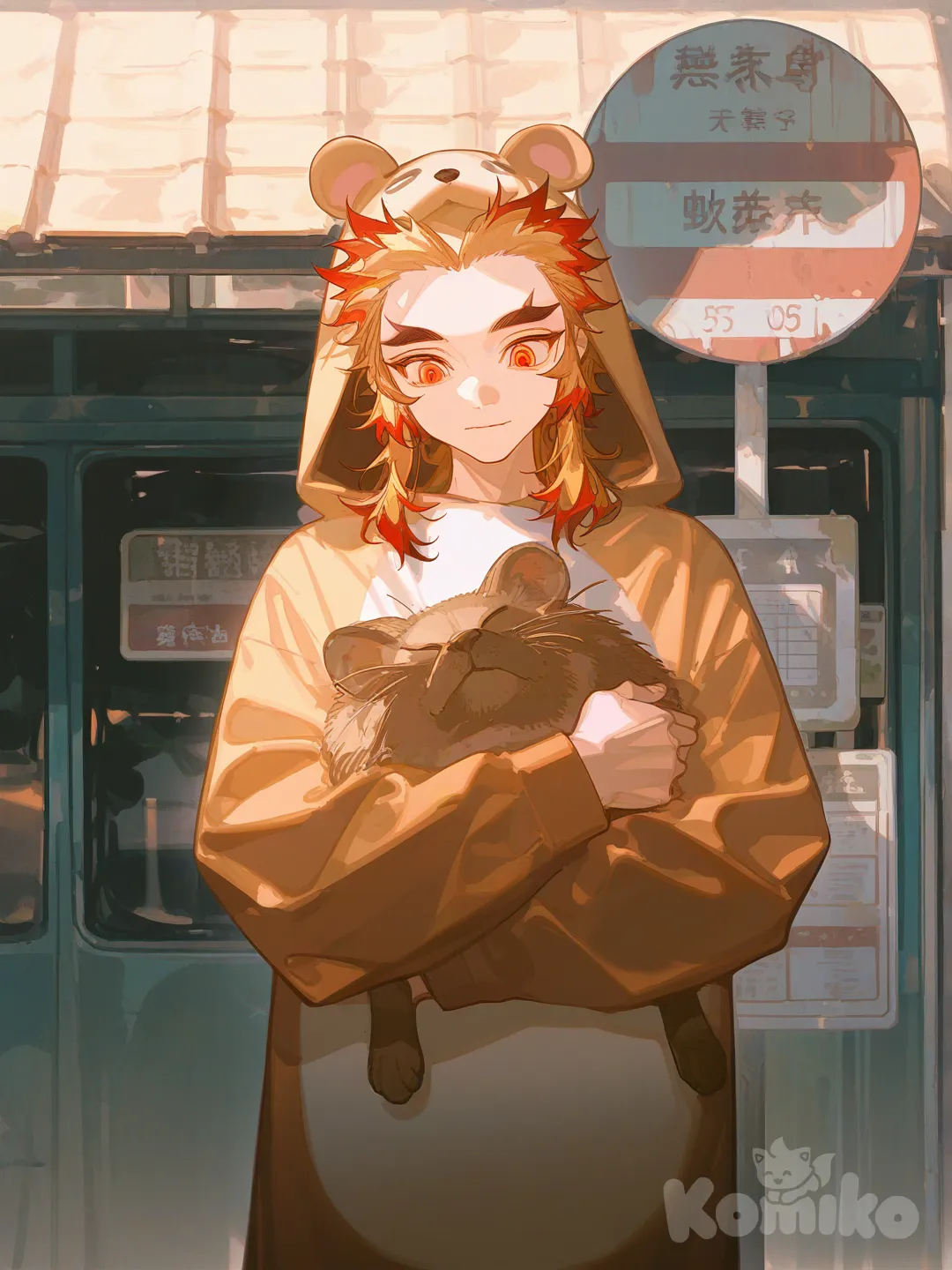 Rengoku Kyoujurou, [dazzling-illustration-style], animal costume, animal hug, upper body, ambient light, bus stop, 1boy