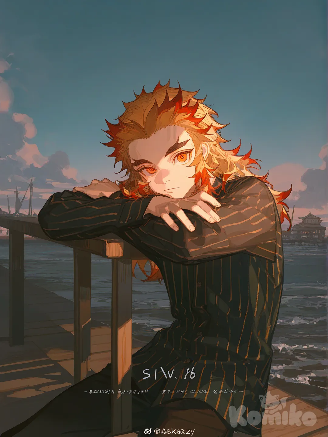 Rengoku Kyoujurou, [dazzling-illustration-style], leaning on object, striped shirt, ambient light, pier, 1boy, looking at viewer