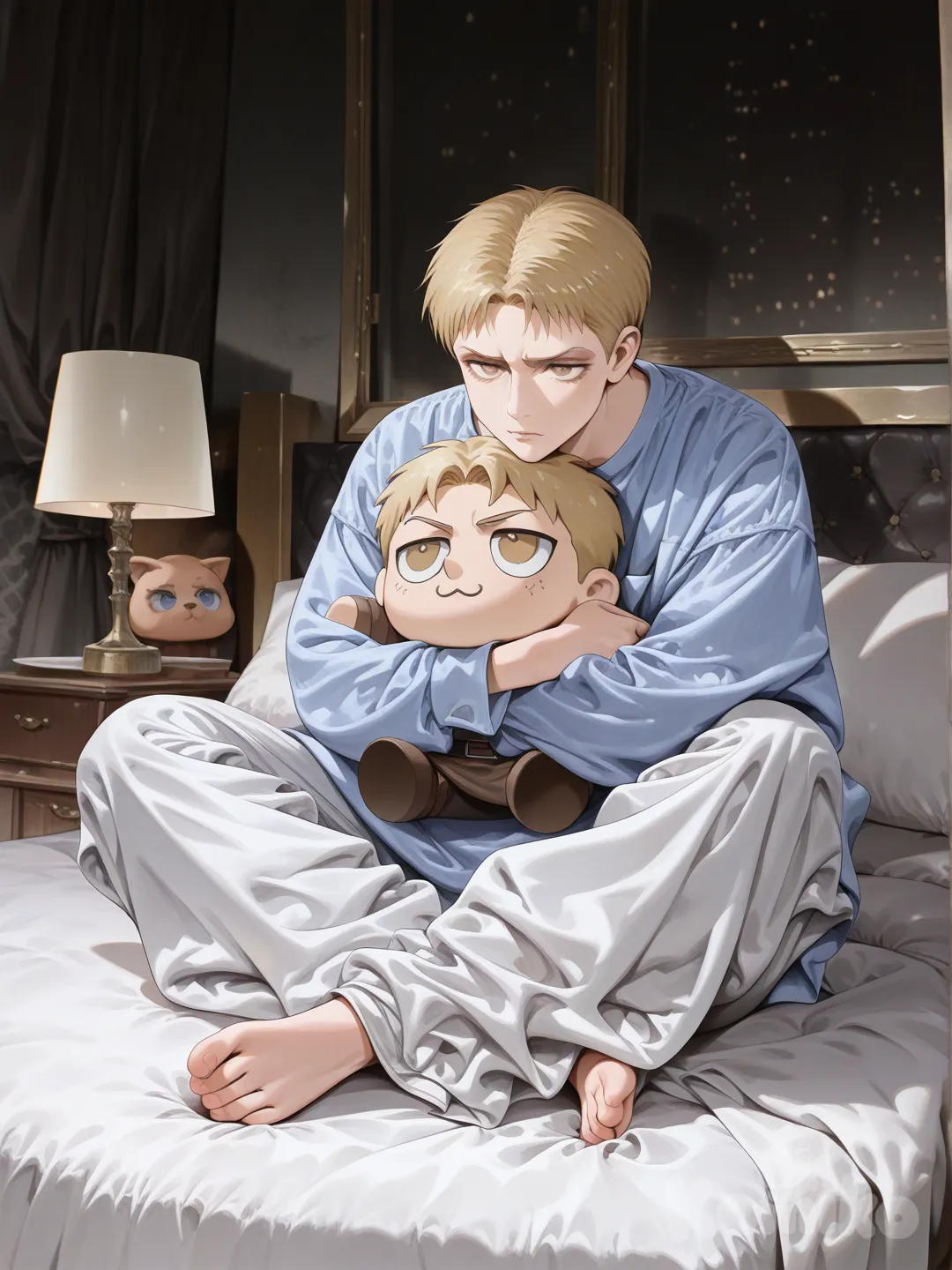 reiner braun, shingeki no kyojin,[high-gloss-illustration-style], hugging doll, on bed, baggy pants, baggy clothes, bedroom, cinematic lighting, 1boy