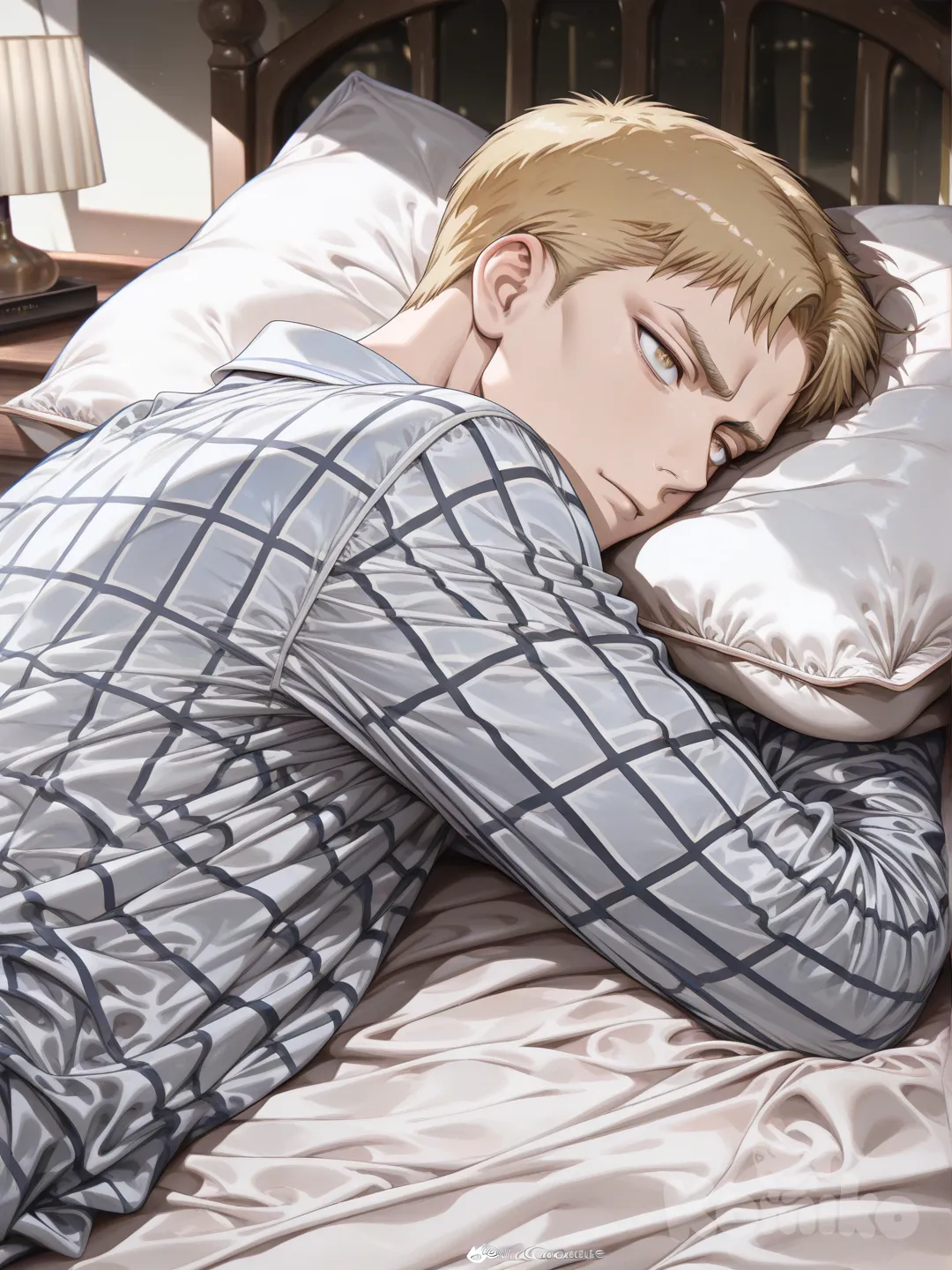 reiner braun, shingeki no kyojin,[high-gloss-illustration-style], head on pillow, pajamas, cinematic lighting, 1boy