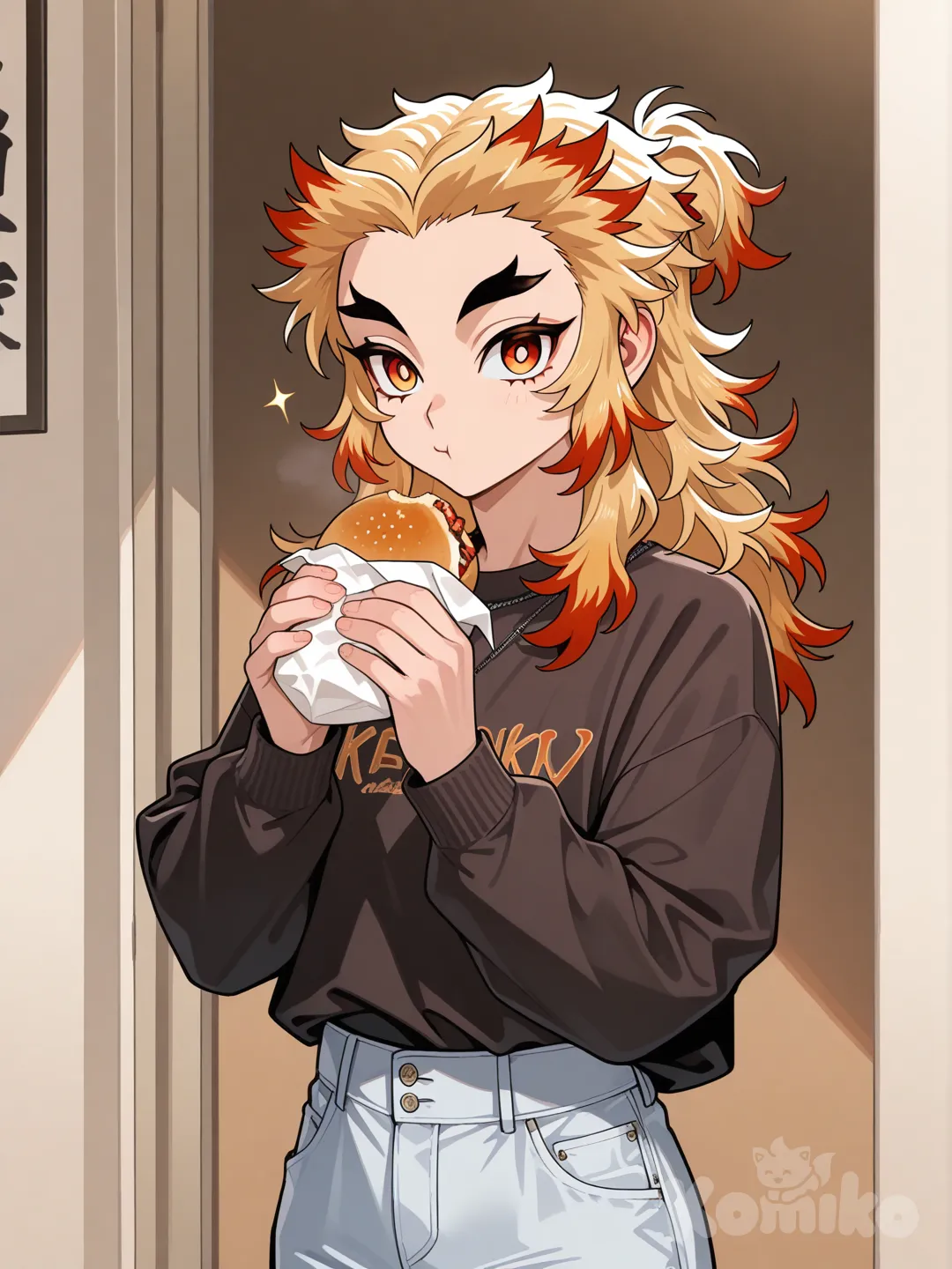 Rengoku Kyoujurou, [glossy-anime-style], holding food, casual pants