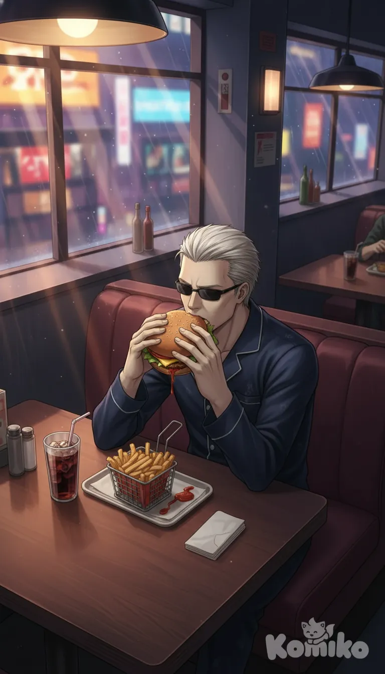 Albert Wesker,eating burger, restaurant, cinematic lighting, bird's-eye view