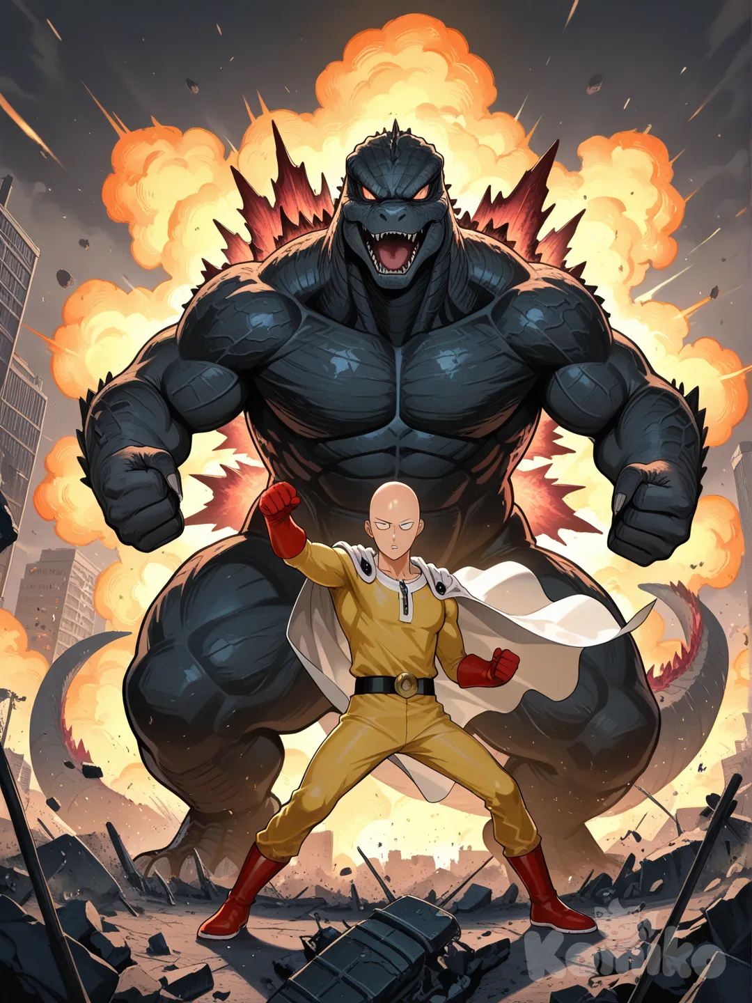 saitama (one-punch man), fighting, godzilla