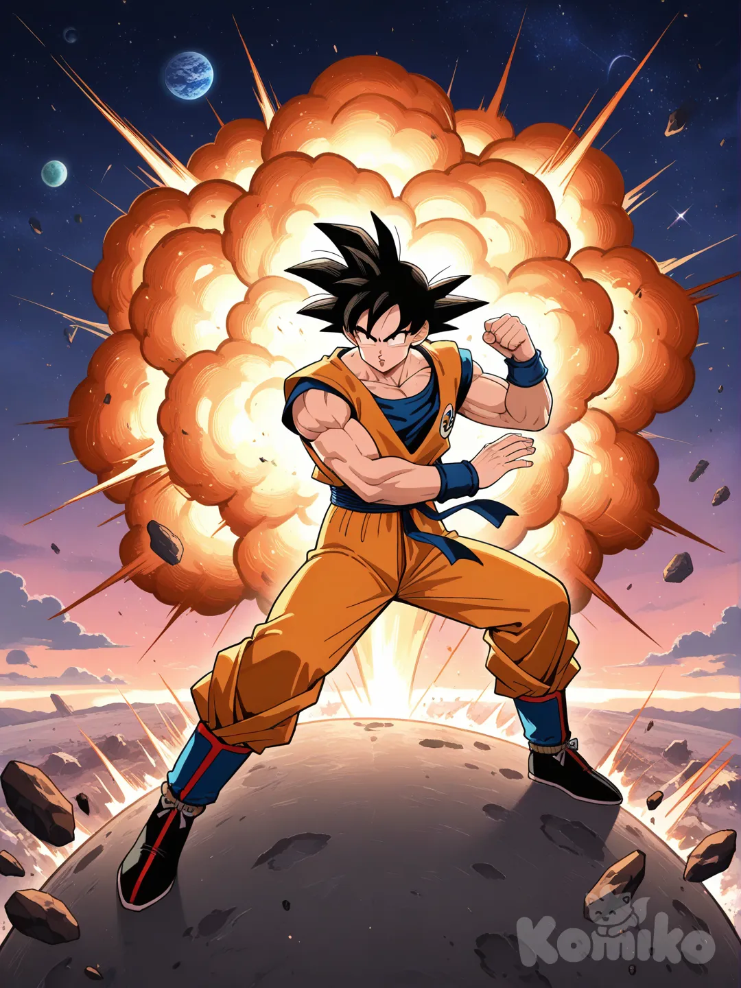 saitama (one-punch man), fighting stance, son goku, explosion, planet