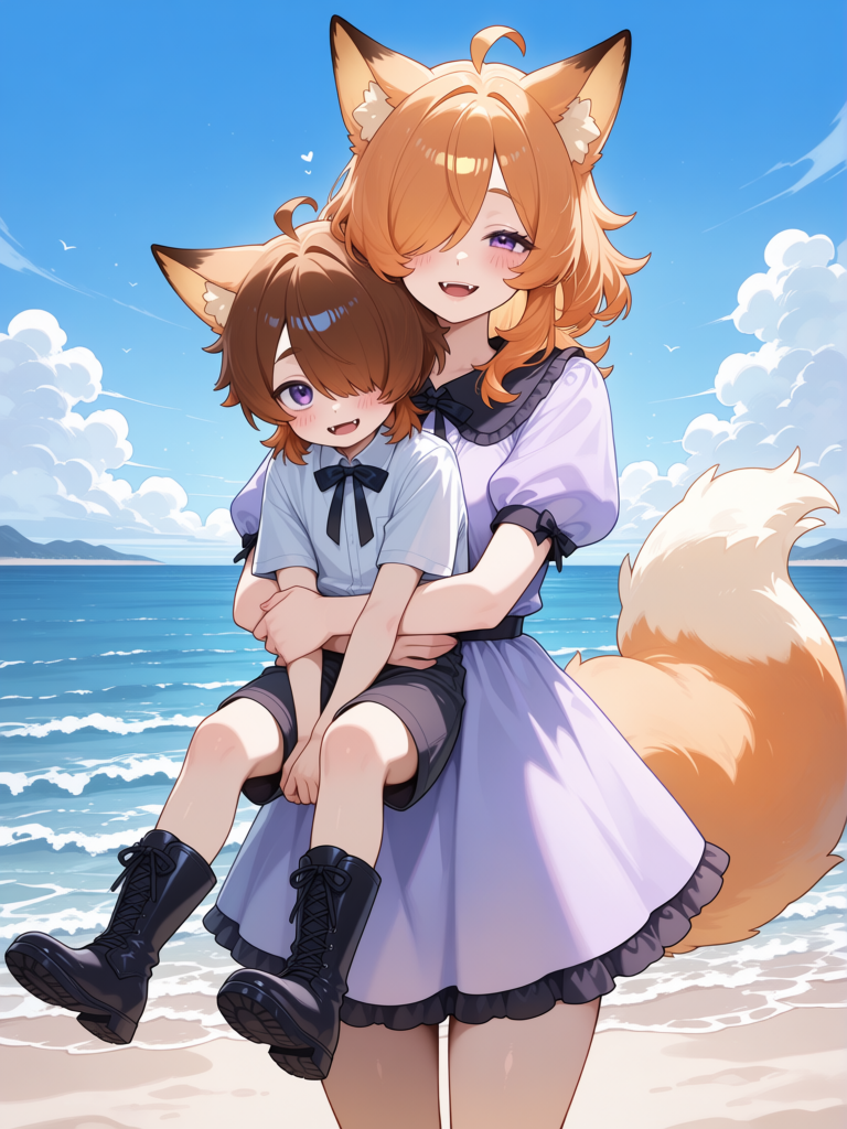 [glossy-anime-style], @Komiko_Chan, 1boy, 1girl, shy little boy with medium length brown hair, Komiko holding her adopted little boy in her arms lovingly, motherly love, sunny day at beach, mother and son