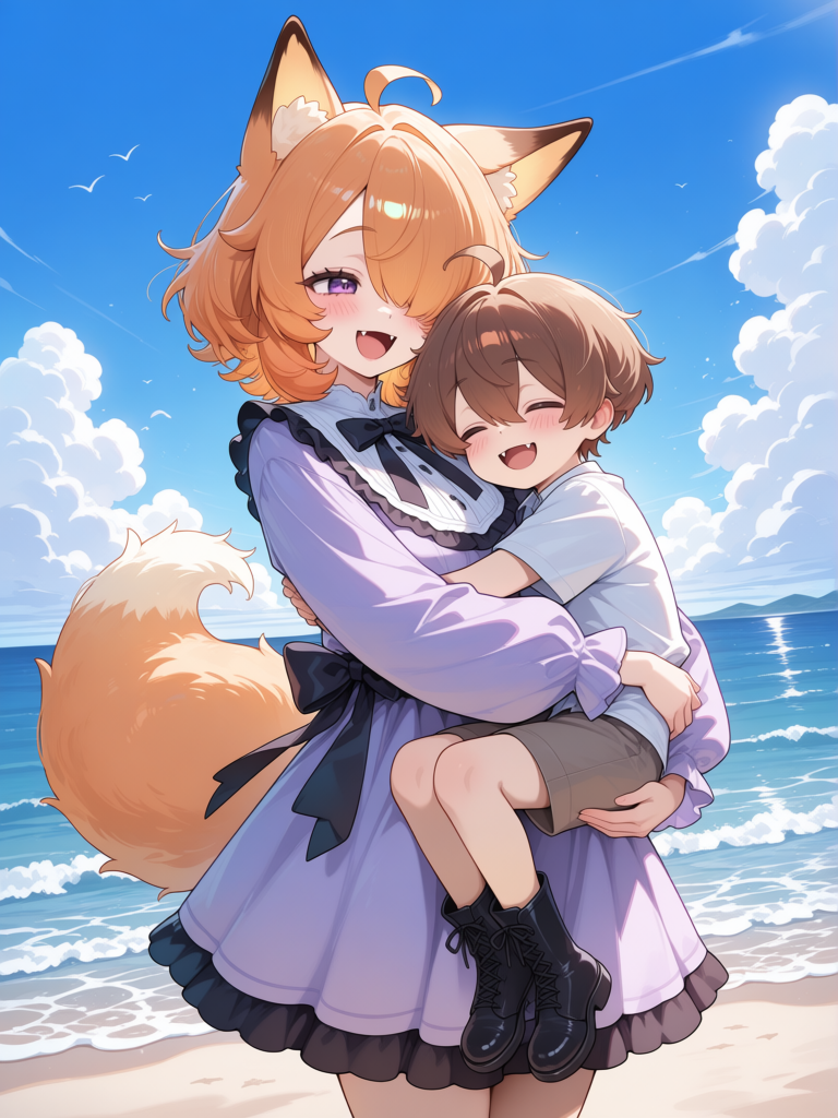 [glossy-anime-style], @Komiko_Chan, 1boy, 1girl, shy little boy with medium length brown hair, Komiko holding her adopted little boy in her arms lovingly, motherly love, sunny day at beach, mother and son