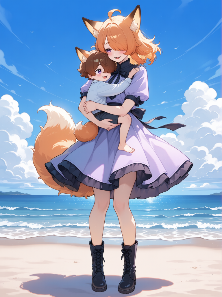 [glossy-anime-style], @Komiko_Chan, 1boy, 1girl, shy little boy with medium length brown hair, Komiko holding her adopted little boy in her arms lovingly, motherly love, sunny day at beach, mother and son