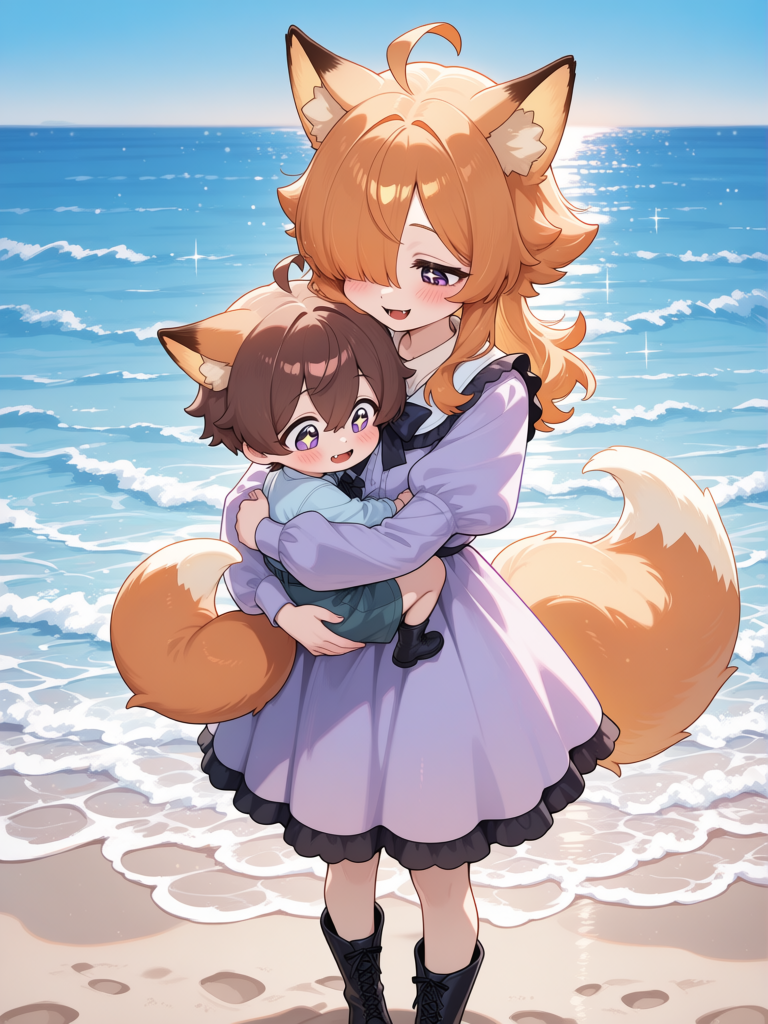[glossy-anime-style], @Komiko_Chan, 1boy, 1girl, shy little boy with medium length brown hair, Komiko holding her adopted little boy in her arms lovingly, motherly love, sunny day at beach, mother and son