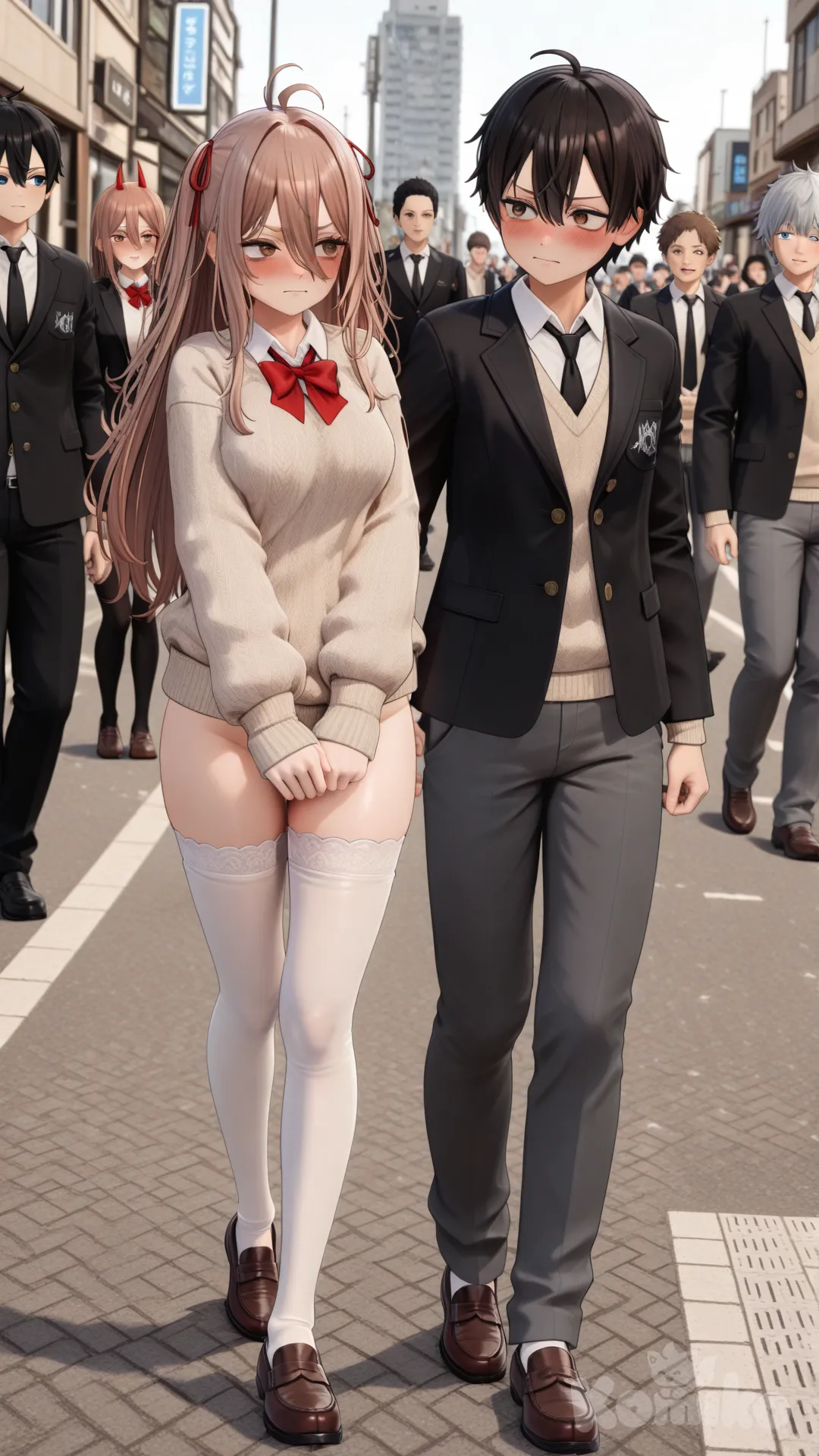 A girl walking completely naked on a public street in Japan, the girl was only wearing long socks and school shoes, there were also several people who saw her. , [3d-anime-style], full body, day, @Alisa_Mikhailovna_Kujou, @Masachika_Kuze, @Kirito, @Denji_(Chainsaw_Man)