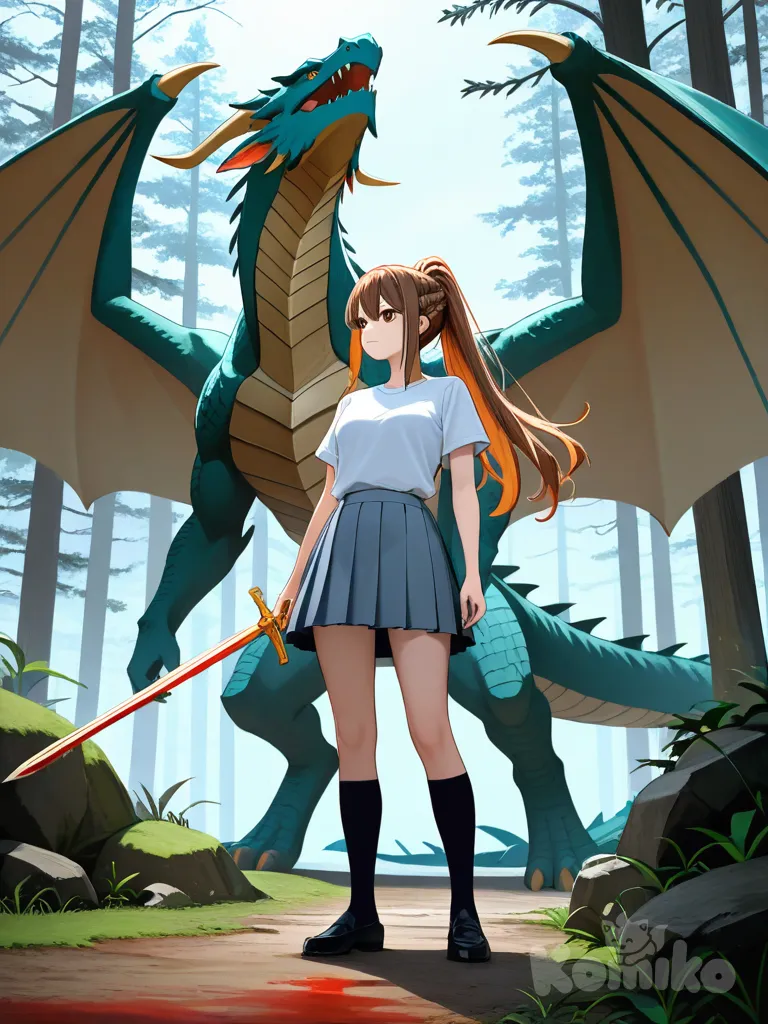 A girl who defeated a giant dragon, and the dragon was already cut , @chizuru-ichinose-YGRG, t-shirt, vest, pleated skirt, high ponytail, looking away, forest