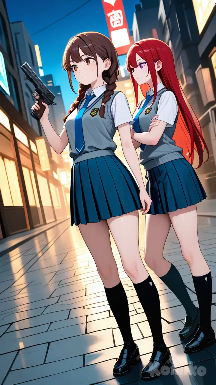 @asakura-rin-fXuc, @chizuru-ichinose-YGRG, holding gun, looking away, cityscape, cinematic lighting