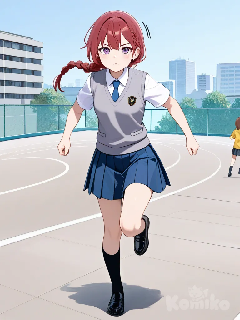 Seorang gadis pelajar sedang balapan lari di atas gedung, @asakura-rin-fXuc, @chizuru-ichinose-YGRG