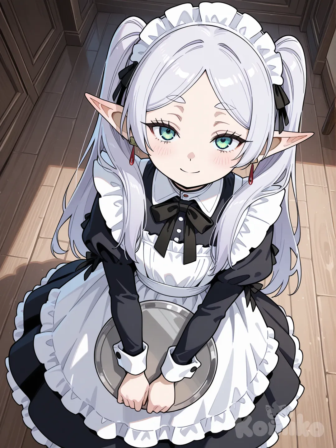 frieren, vestida de maid sujetando una bandeja la camara esta en altura