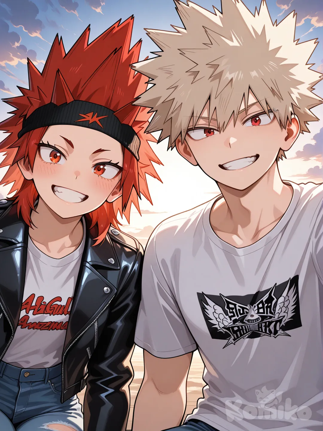 @Kirishima_Eijirou, [glossy-anime-style], selfie, smile, t-shirt, leather jacket, jeans, torn clothes, headband, spiky hair, red hair, charcoal black, closeup, ambient light, backlight, cloud, red eyes, undercut, @Bakugou_Katsuki
