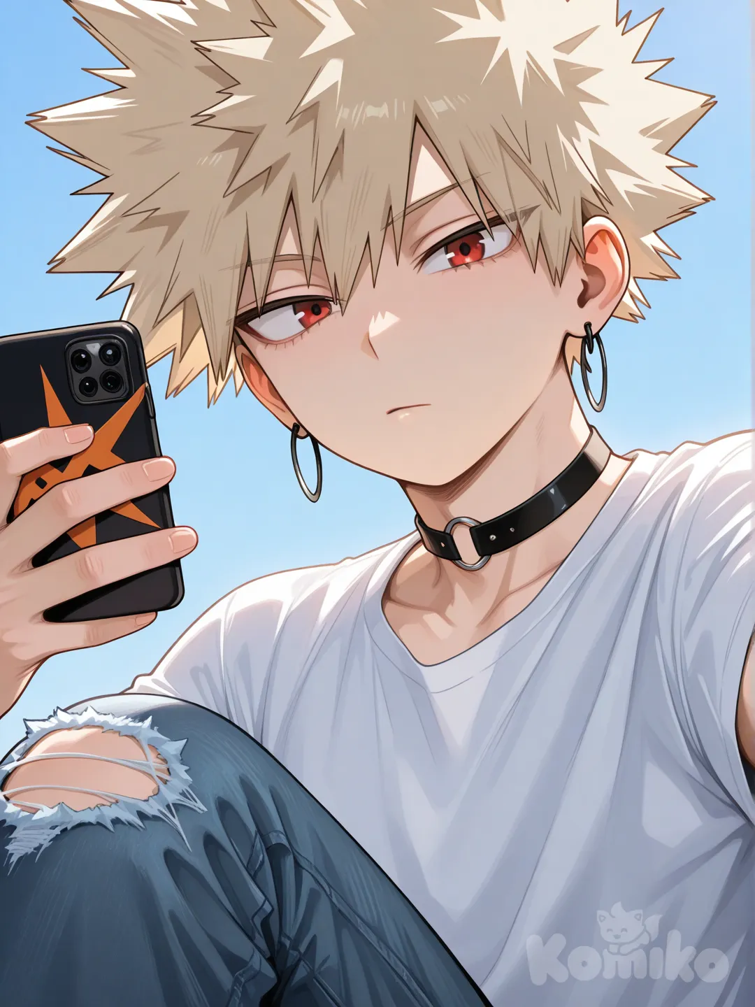 @Bakugou_Katsuki, [glossy-anime-style], selfie, looking at phone, expressionless, t-shirt, jeans, torn clothes, earrings, choker, blonde hair, spiky hair, fluffy curls, charcoal black, closeup, backlight, blue sky, red eyes