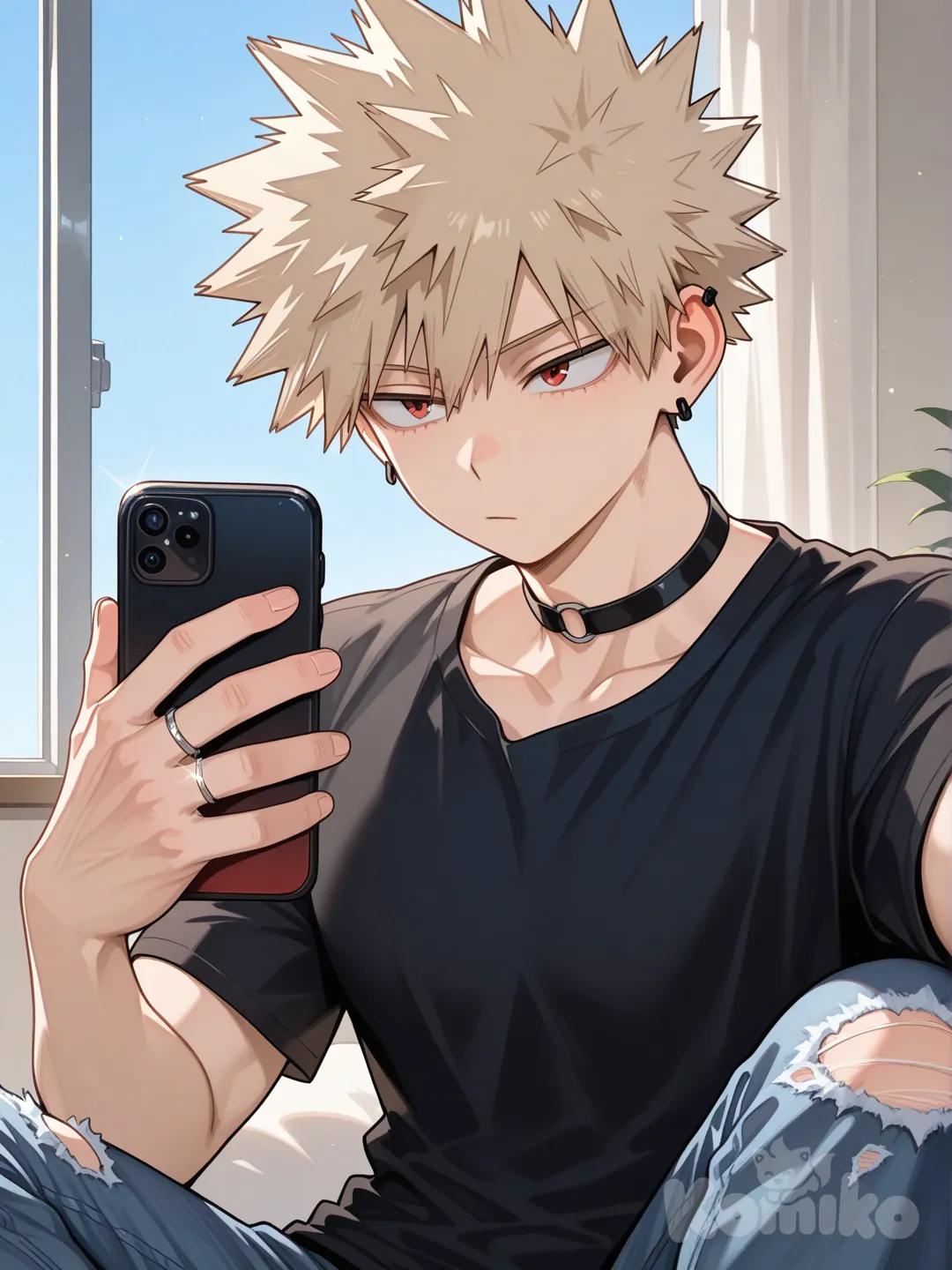 @Bakugou_Katsuki, [glossy-anime-style], selfie, looking at phone, expressionless, black t-shirt, navy blue jeans, torn clothes, earrings, choker, blonde hair, spiky hair, fluffy curls, charcoal black, closeup, backlight, blue sky, red eyes, wedding ring, undercut