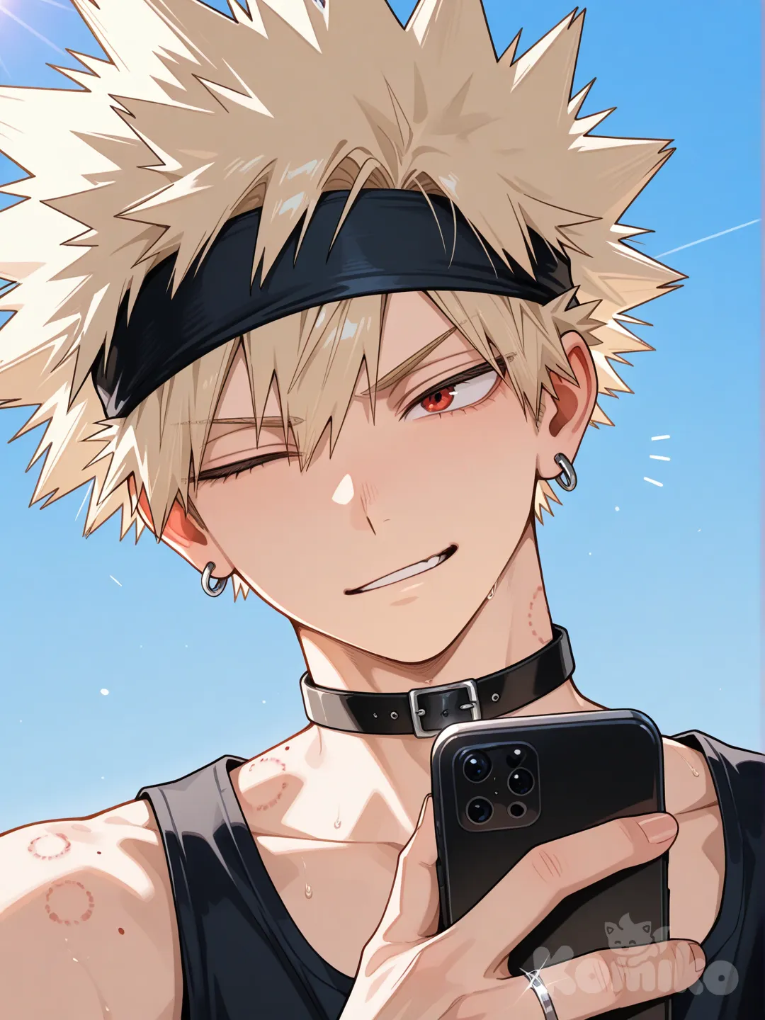 @Bakugou_Katsuki, [glossy-anime-style], black tank top, navy blue jeans, torn clothes, earrings, choker, blonde hair, spiky hair, fluffy curls, charcoal black, upper body, backlight, blue sky, red eyes, wedding ring, aged up, black thin headband, bite mark, one eye closed, holding phone, facing viewer