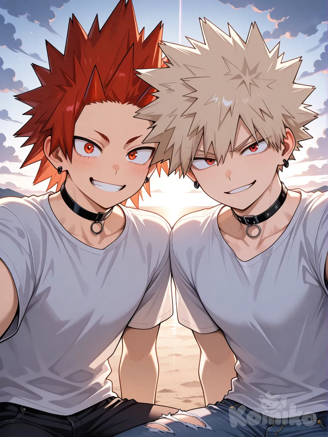 @Kirishima_Eijirou, [glossy-anime-style], selfie, smile, t-shirt, jeans, torn clothes, spiky hair, red hair, charcoal black, closeup, backlight, red eyes, undercut, @Bakugou_Katsuki , smirk, earrings, choker, sitting on the ground, 2people, ambient light, cloud, 2boys