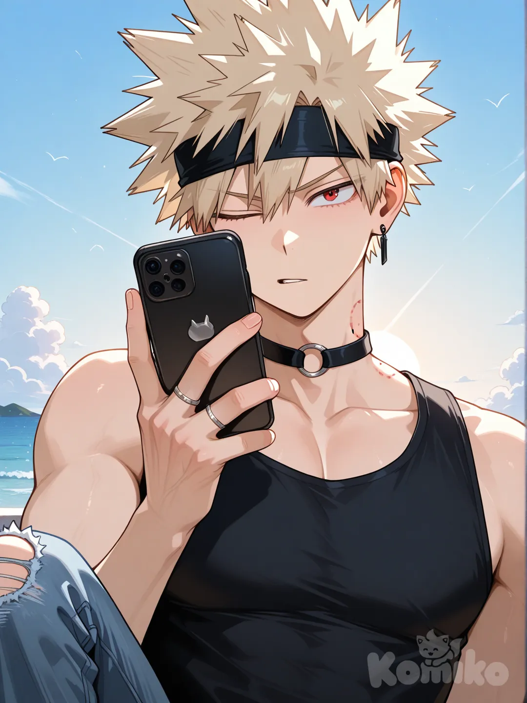 @Bakugou_Katsuki, [glossy-anime-style], black tank top, navy blue jeans, torn clothes, earrings, choker, blonde hair, spiky hair, fluffy curls, charcoal black, upper body, backlight, blue sky, red eyes, wedding ring, aged up, black thin headband, bite mark, one eye closed, holding phone, facing viewer