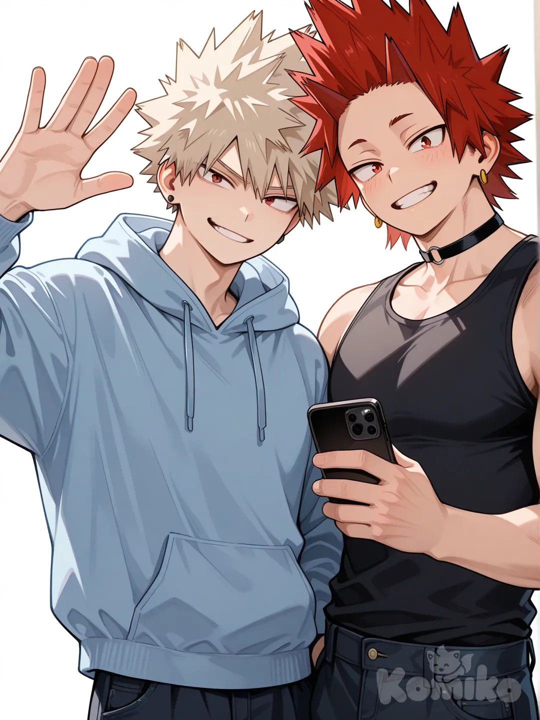 @Kirishima_Eijirou, [glossy-anime-style], selfie, smile, black tank top, black jeans, babyblue hoodie halfway zipped, spiky hair, red hair upper body, backlight, red eyes, undercut, @Bakugou_Katsuki , smirk, earrings, choker, hand up waving, holding up phone, 2people, ambient light, white background, 2boys, aged up
