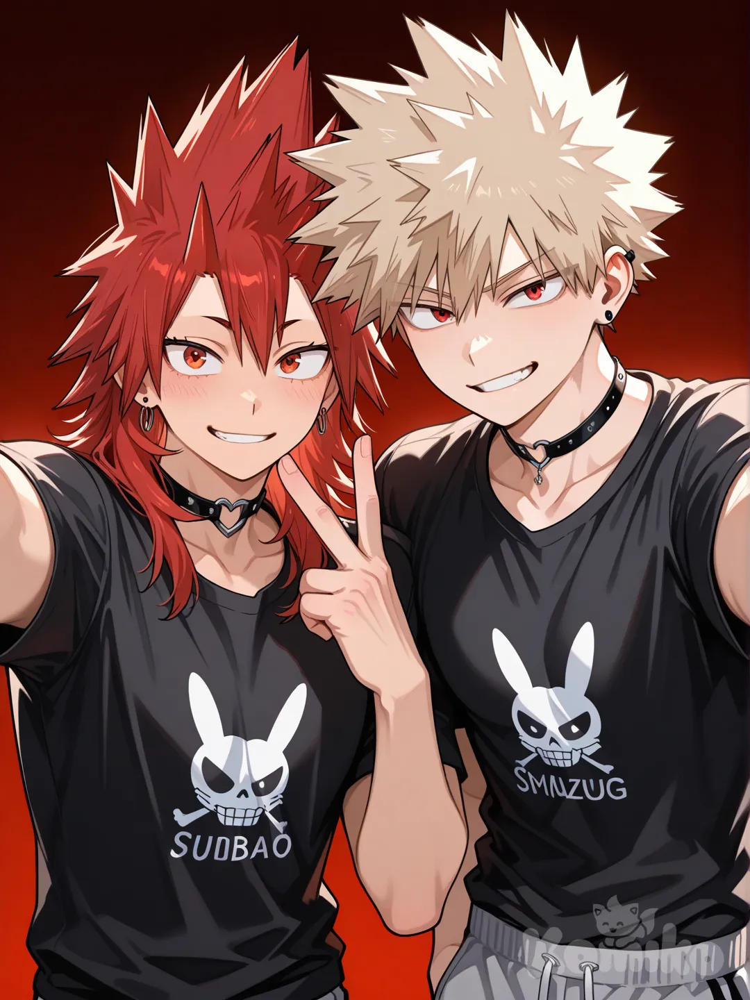 @Kirishima_Eijirou, [glossy-anime-style], selfie, smile, black t-shirt, gray sweatpants, spiky hair, red hair upper body, backlight, red eyes, undercut, @Bakugou_Katsuki , smirk, earrings, choker, hand up with peace sign, 2people, ambient light, red background, 2boys, aged up