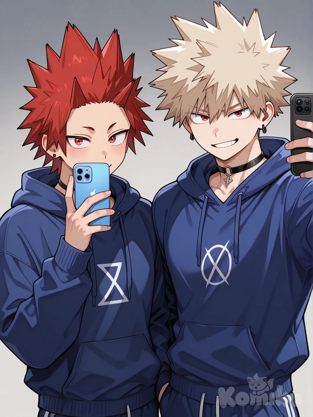 @Kirishima_Eijirou, [glossy-anime-style], selfie, smile, dark blue hoodie, blue gym sweatpants, spiky hair, red hair, upper body, backlight, red eyes, undercut, @Bakugou_Katsuki , smirk, earrings, choker, hand up with peace sign, 2people, ambient light, gray background, 2boys, aged up