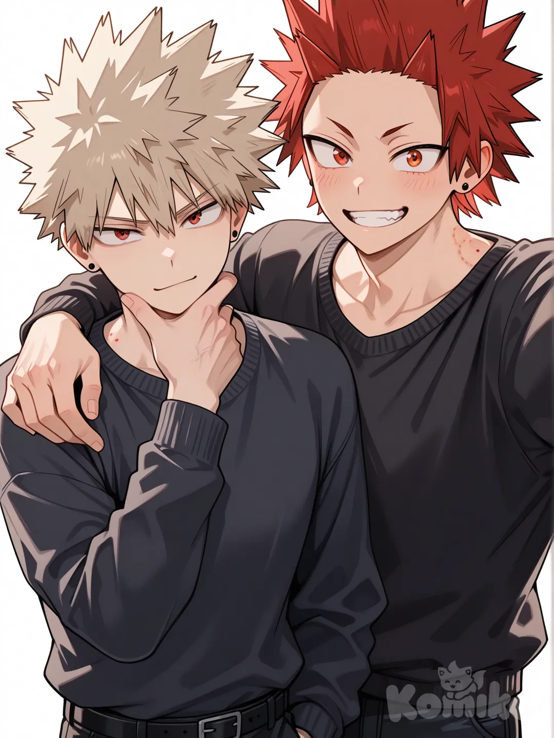 @Kirishima_Eijirou, [glossy-anime-style], selfie, smile, black sweater, black jeans, bite mark on shoulder, spiky hair, red hair, upper body, backlight, red eyes, undercut, @Bakugou_Katsuki , smirk, earrings, wiping chin, 2people, ambient light, white background, 2boys, aged up