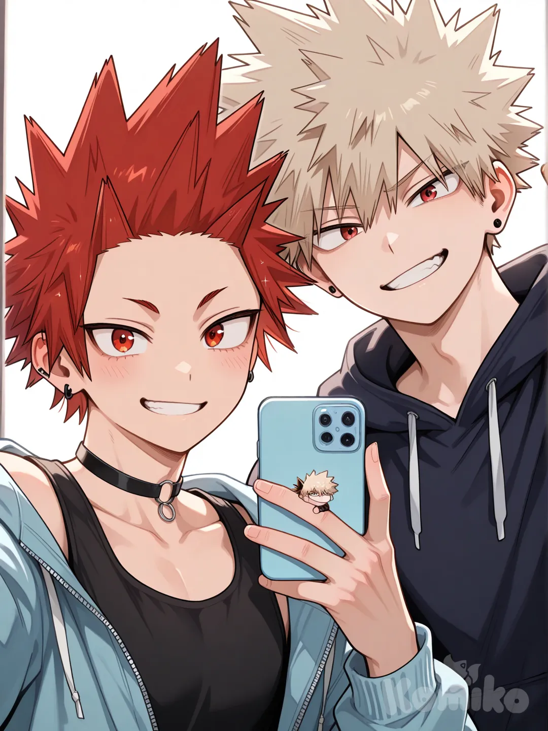 @Kirishima_Eijirou, [glossy-anime-style], selfie, smile, black tank top, black jeans, babyblue hoodie halfway zipped, spiky hair, red hair upper body, backlight, red eyes, undercut, @Bakugou_Katsuki , smirk, earrings, choker, hand up waving, holding up phone, 2people, ambient light, white background, 2boys, aged up