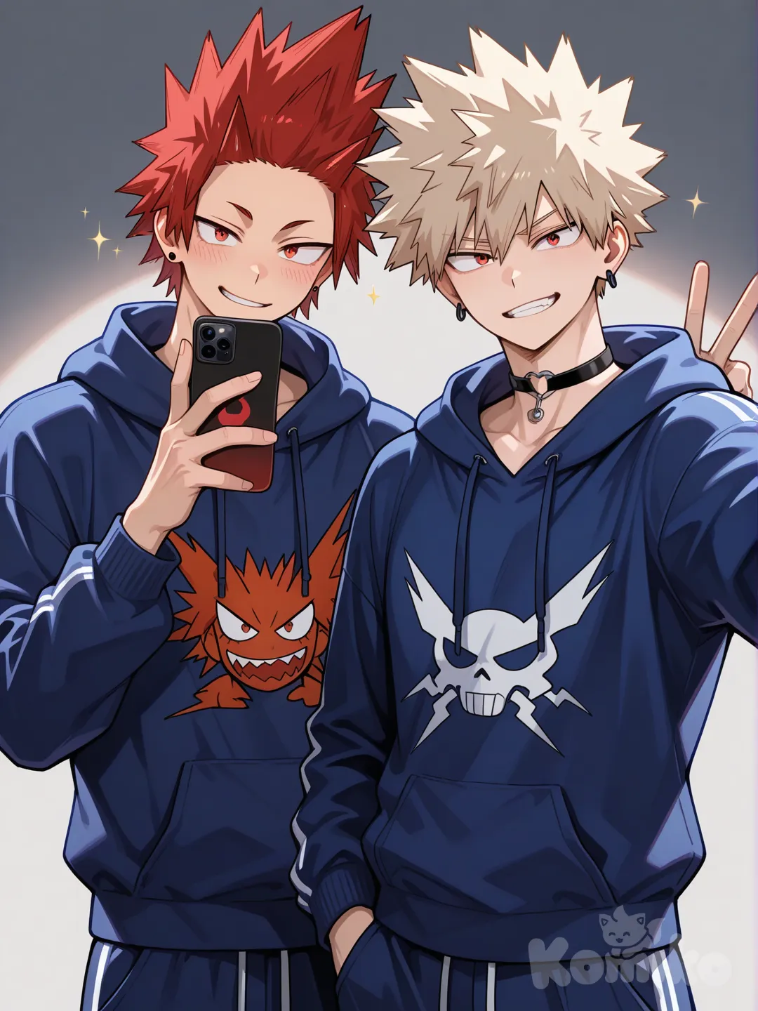 @Kirishima_Eijirou, [glossy-anime-style], selfie, smile, dark blue hoodie, blue gym sweatpants, spiky hair, red hair, upper body, backlight, red eyes, undercut, @Bakugou_Katsuki , smirk, earrings, choker, hand up with peace sign, 2people, ambient light, gray background, 2boys, aged up, male focus