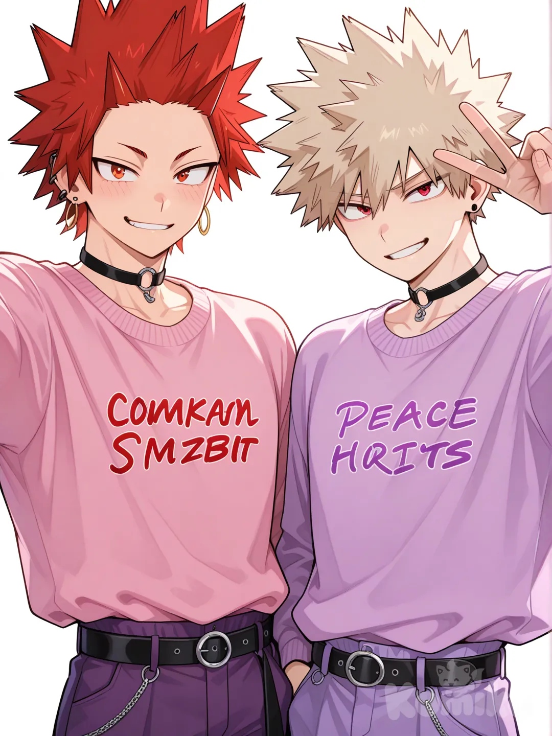 @Kirishima_Eijirou, [glossy-anime-style], selfie, smile, dark hot pink sweater, purple pants, spiky hair, red hair upper body, backlight, red eyes, undercut, @Bakugou_Katsuki , smirk, earrings, choker, hand up with peace sign, 2people, ambient light, white background, 2boys, aged up, male focus