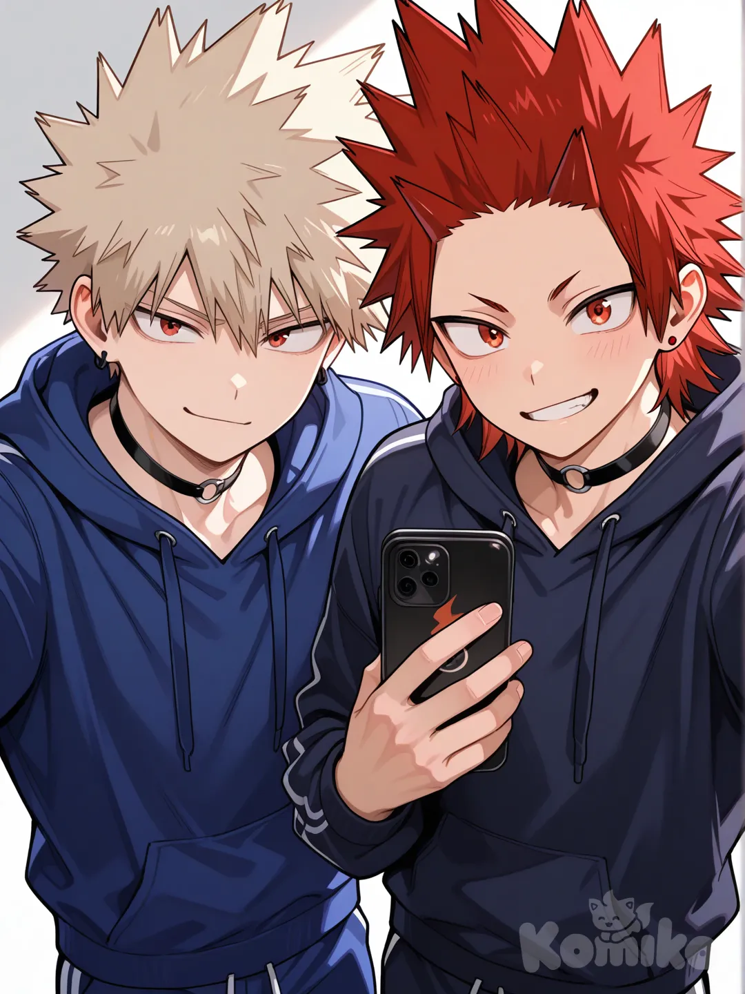 @Kirishima_Eijirou, [glossy-anime-style], selfie, smile, dark blue hoodie, blue gym sweatpants, spiky hair, red hair, upper body, backlight, red eyes, undercut, @Bakugou_Katsuki , smirk, earrings, choker, hand up with peace sign, 2people, ambient light, gray background, 2boys, aged up, male focus