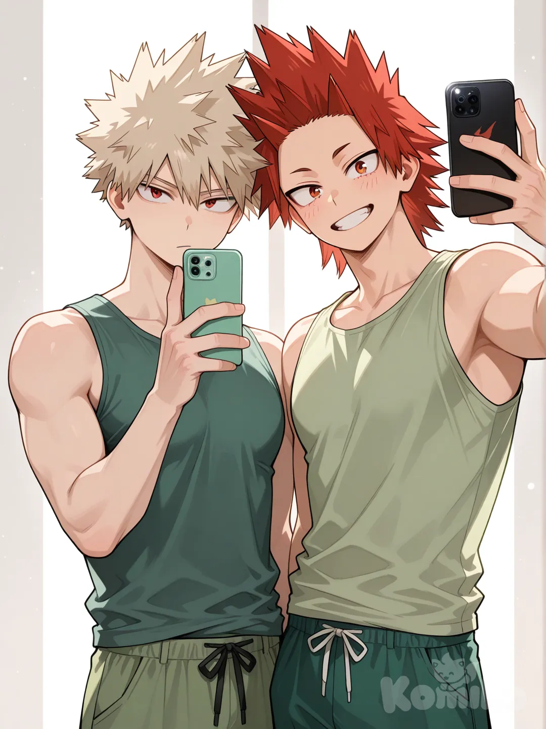 @Kirishima_Eijirou, [glossy-anime-style], selfie, smile, mint green tank top, mint green pants, spiky hair, red hair upper body, backlight, red eyes, undercut, @Bakugou_Katsuki , holding up phone, 2people, ambient light, white background, 2boys, aged up, male focus