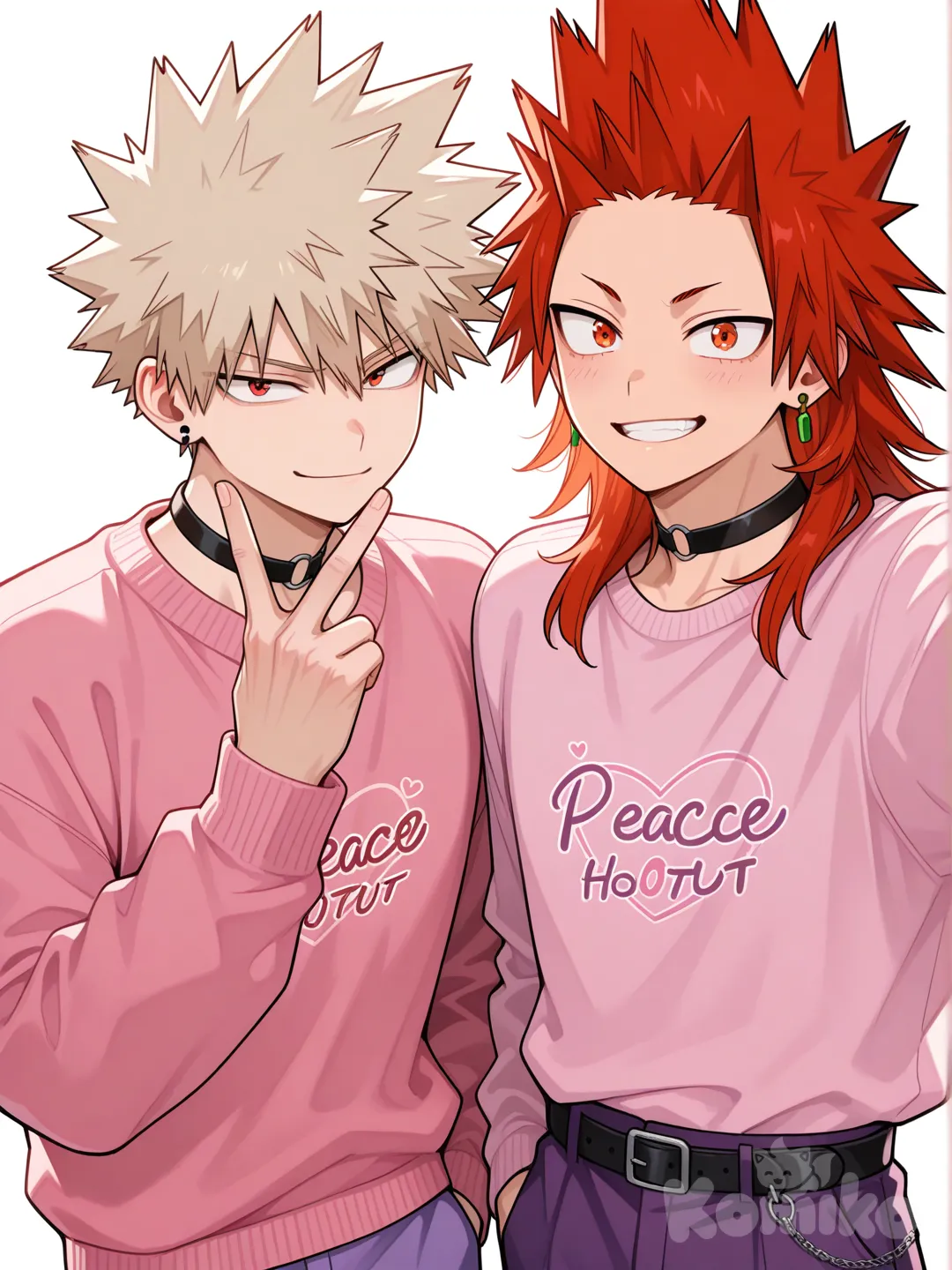 @Kirishima_Eijirou, [glossy-anime-style], selfie, smile, dark hot pink sweater, purple pants, spiky hair, red hair upper body, backlight, red eyes, undercut, @Bakugou_Katsuki , smirk, earrings, choker, hand up with peace sign, 2people, ambient light, white background, 2boys, aged up, male focus