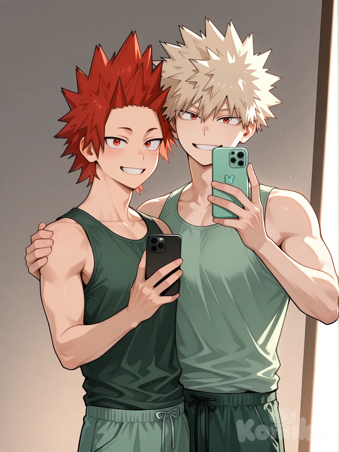 @Kirishima_Eijirou, [glossy-anime-style], selfie, smile, mint green tank top, mint green pants, spiky hair, red hair upper body, backlight, red eyes, undercut, @Bakugou_Katsuki , holding up phone, 2people, ambient light, white background, 2boys, aged up, male focus